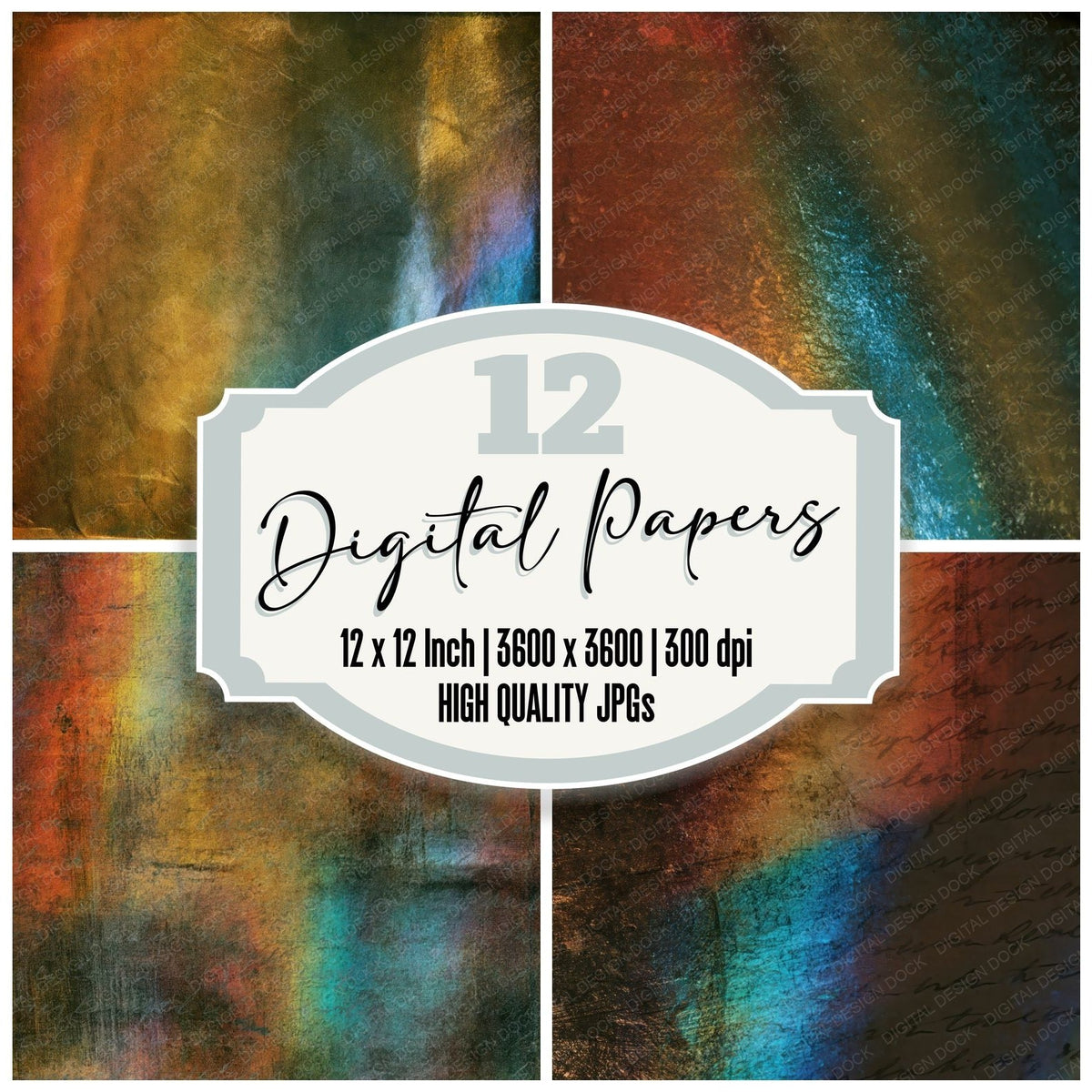 Tintype Rainbow Rust Turquoise Abstract Digital Paper Pack (DDD017502)