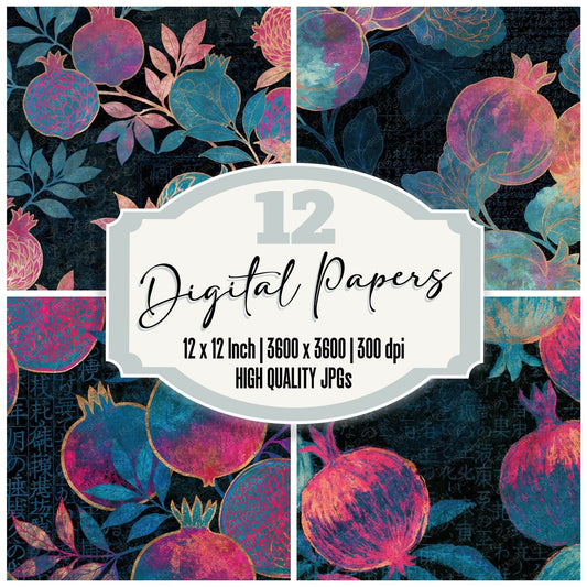 Belle poque Rainbow Pomegranates Pink Cyan digital paper pack cover showing four of the 12 papers