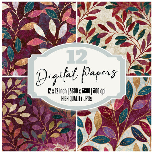 Chinoiserie Rainbow Mistletoe Merlot digital paper pack cover showing four of the 12 papers