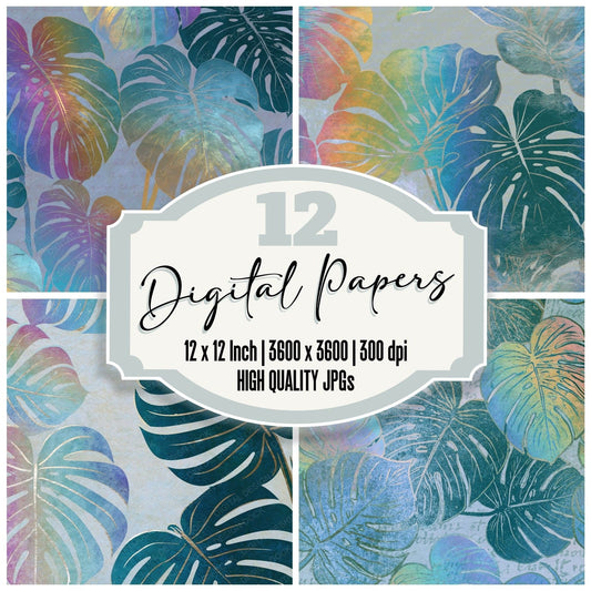 Drypoint Rainbow Monstera Pearl digital paper pack cover showing four of the 12 papers