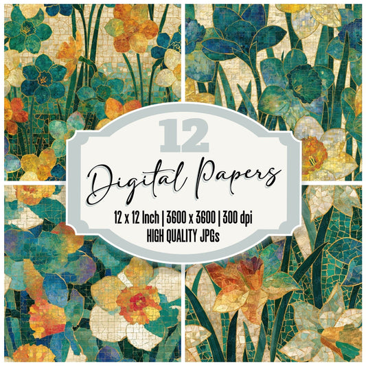 Mosaic Rainbow Daffodils Jade Parchment digital paper pack cover showing four of the 12 papers