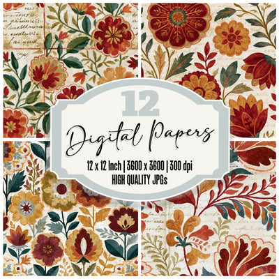 Cottage Garden Suzani Brass Bone Seamless digital paper pack cover showing four of the 12 papers