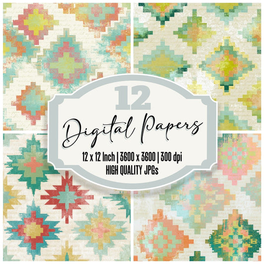Colour Field Navajo Weaving Mint Strawberry Lemon digital paper pack cover showing four of the 12 papers