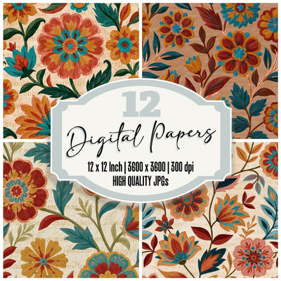 Egg Tempera Suzani Rust Turquoise digital paper pack cover showing four of the 12 papers
