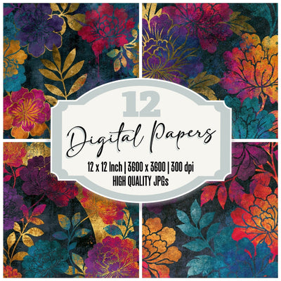 Graffiti Rainbow Chinoiserie Floral digital paper pack cover showing four of the 12 papers