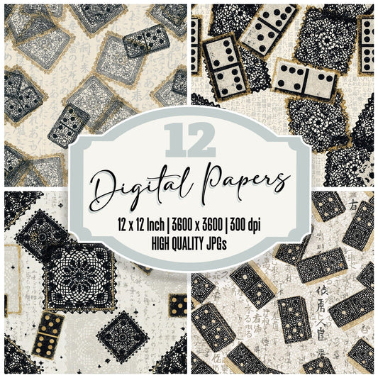 Lace Dominoes Ivory Black Gold digital paper pack cover showing four of the 12 papers