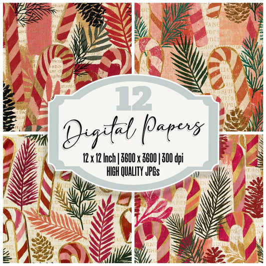 Gouache Candy Canes Tobacco Rose digital paper pack cover showing four of the 12 papers