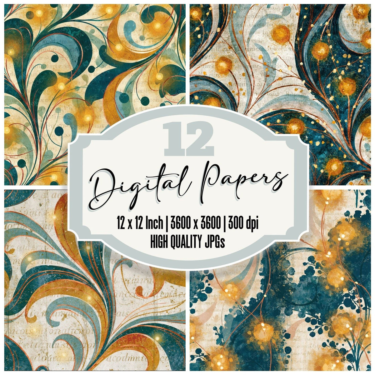 Rococo Fairy Lights Ochre Teal Digital Paper Pack (DDD017619)