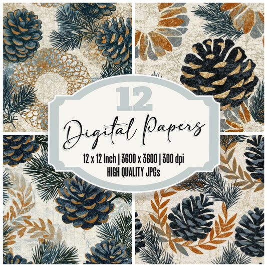 Scandinavian Pine Cone Wreaths Graphite Cream digital paper pack cover showing four of the 12 papers