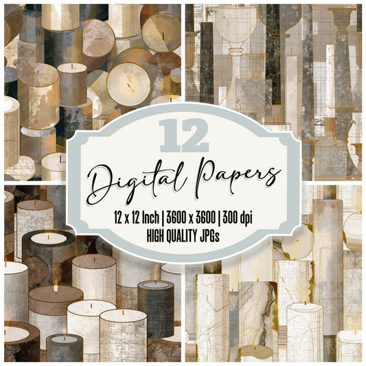 Scientific Illustration Christmas Candles Mushroom digital paper pack cover showing four of the 12 papers