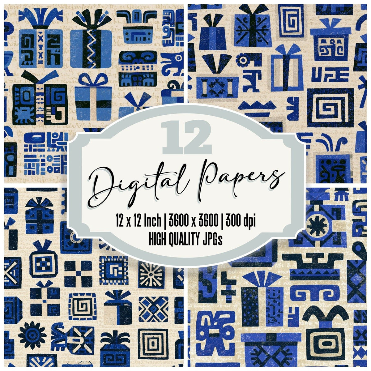 Aztec Glyph Christmas Presents Sapphire Bone Digital Paper Pack (DDD017627)