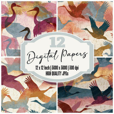 Embroidery Cranes Mist Rose Pearl digital paper pack cover showing four of the 12 papers