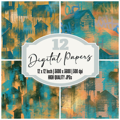 Graffiti Log Cabins Turquoise Gold Seamless digital paper pack cover showing four of the 12 papers