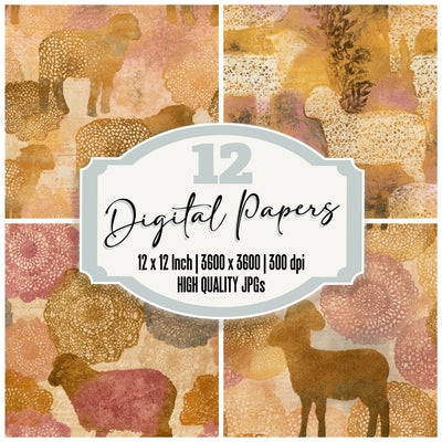 Lace Lamb Ochre Pink Seamless digital paper pack cover showing four of the 12 papers