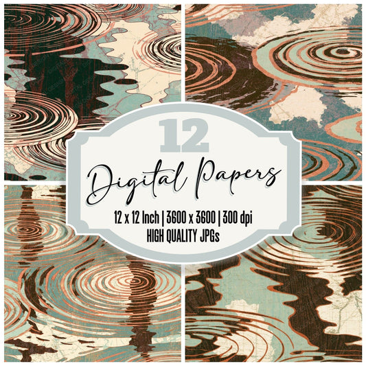 Ukiyo-e Water Ripples Chocolate Mint digital paper pack cover showing four of the 12 papers