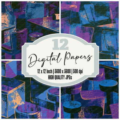 Vintage Travel Diner Twilight Purple Navy digital paper pack cover showing four of the 12 papers