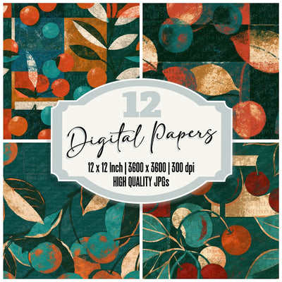 Vintage Travel Poster Cherry Sodas Jade Seamless digital paper pack cover showing four of the 12 papers
