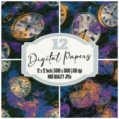 Glitch Art Pocket Watches Purple Seamless digital paper pack cover showing four of the 12 papers