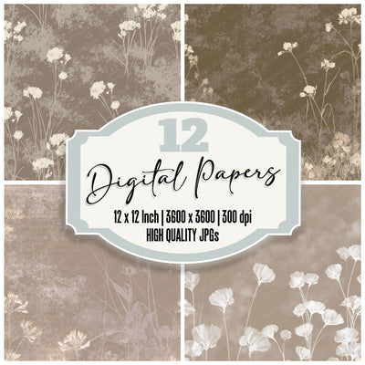 Cotton Grass Botanical Moor Brown Bone White Cream digital paper pack cover showing four of the 12 papers