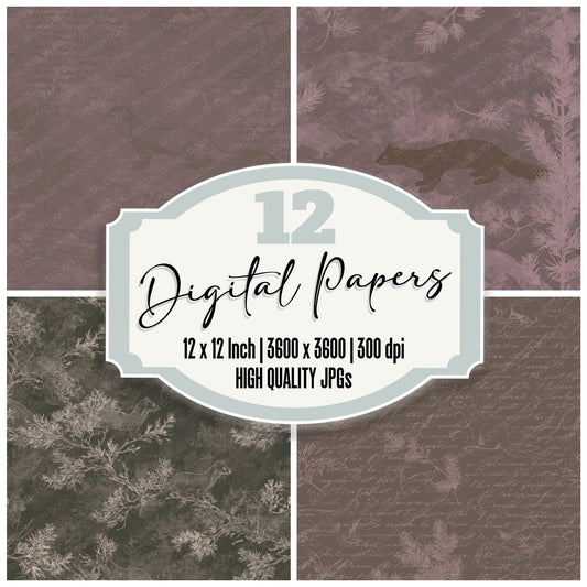 Pine Marten Mammal Dusty Pine Chestnut Bone digital paper pack cover showing four of the 12 papers
