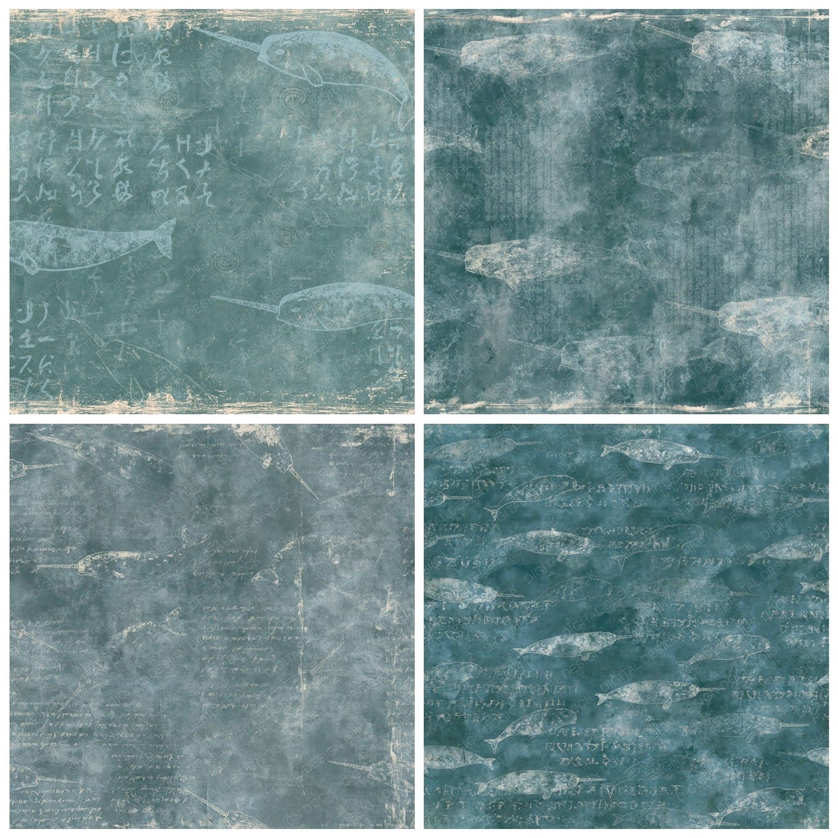 Narwhal Sea Creature Arctic Teal Pearl Bone Digital Paper Pack (DDD017731)
