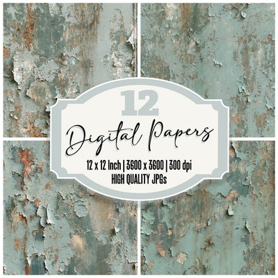 Peeling Paint Layer Duck Egg Aged Teal Rust digital paper pack cover showing four of the 12 papers