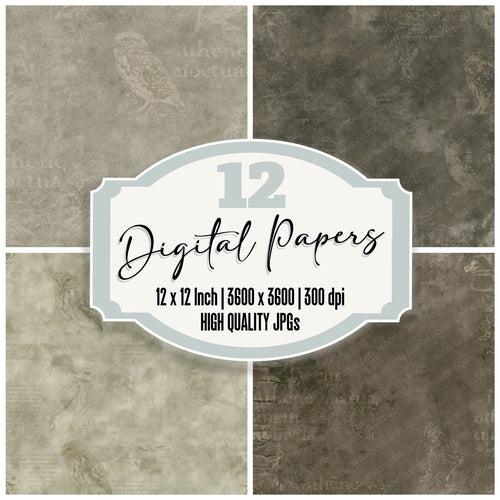 Little Owl Bird Dusty Olive Umber Bone digital paper pack cover showing four of the 12 papers