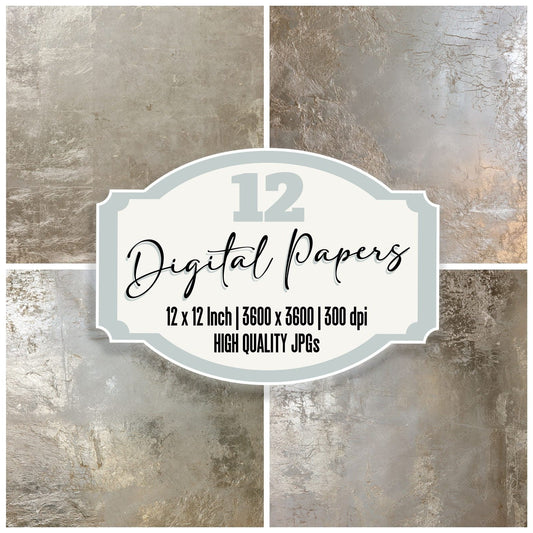 Silver Leaf Gilding Silver Pewter Champagne digital paper pack cover showing four of the 12 papers