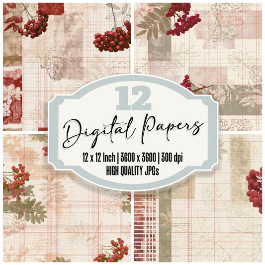 Pattern Studio Rowan Berry Bone Red Autumn Moss digital paper pack cover showing four of the 12 papers