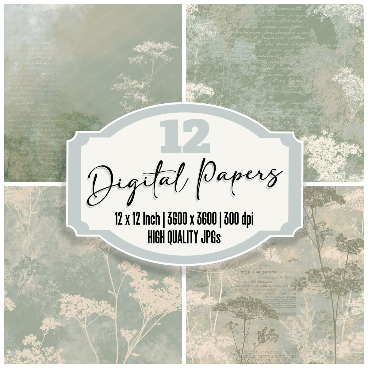 Meadowsweet Flower Meadow Green Cream Bone Digital Paper Pack (DDD017788)