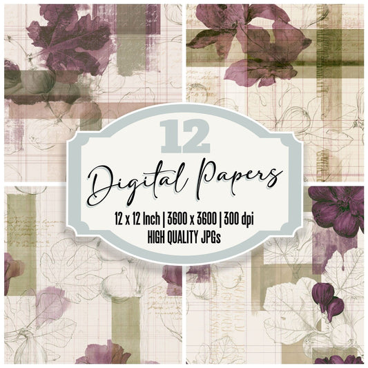 Pattern Studio Fig Ivory Fig Purple Leaf Green digital paper pack cover showing four of the 12 papers