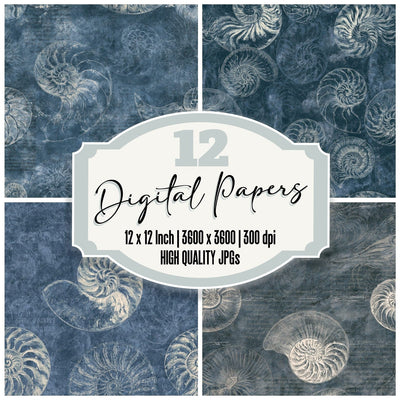 Chambered Nautilus Sea Creature Abyssal Indigo Pearl Bone digital paper pack cover showing four of the 12 papers