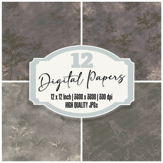 Nightjar Bird Twilight Grey Dead Leaf Umber Bone digital paper pack cover showing four of the 12 papers