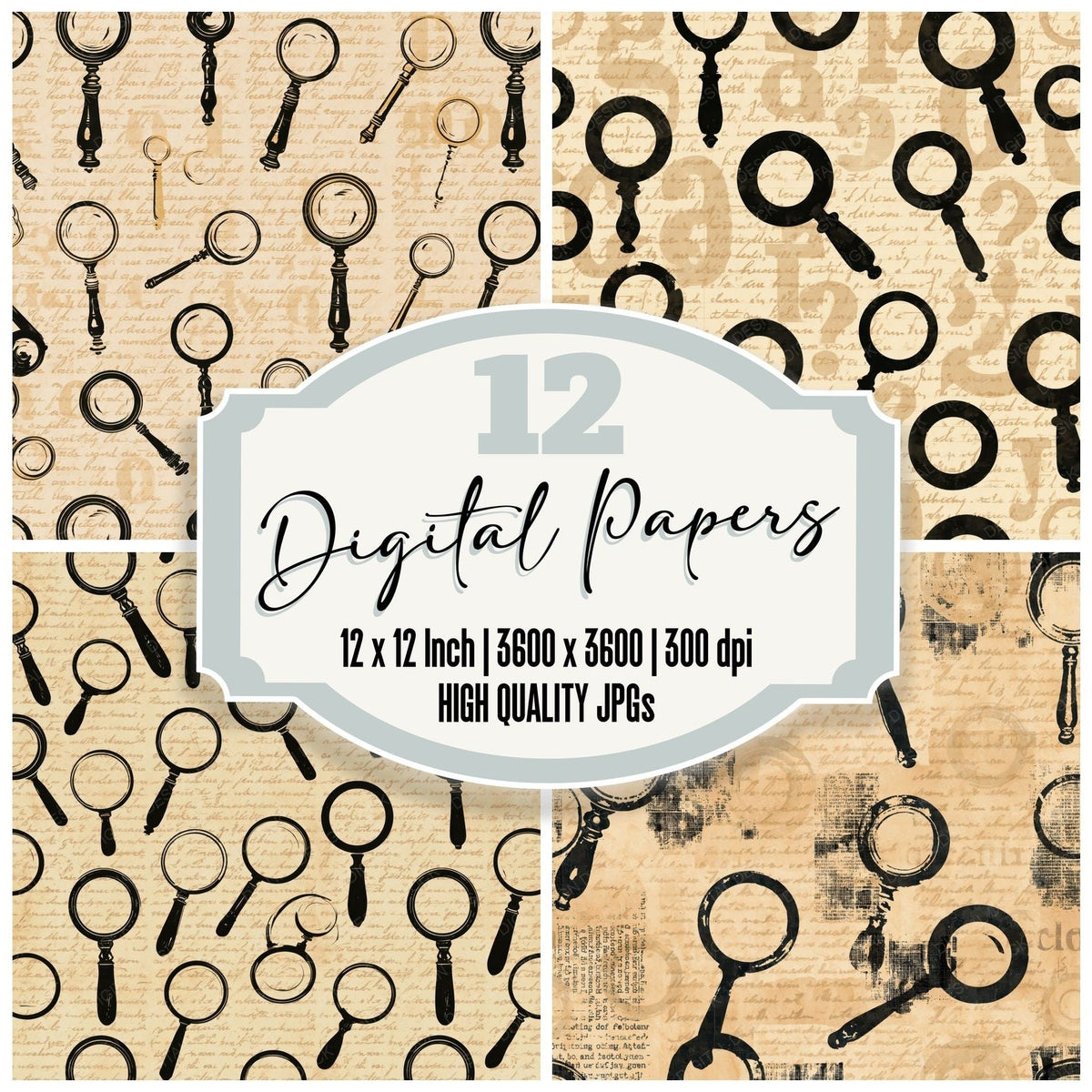 Magnifying Glass Parchment Brass Gold Ink Black Digital Paper Pack (DDD017834)