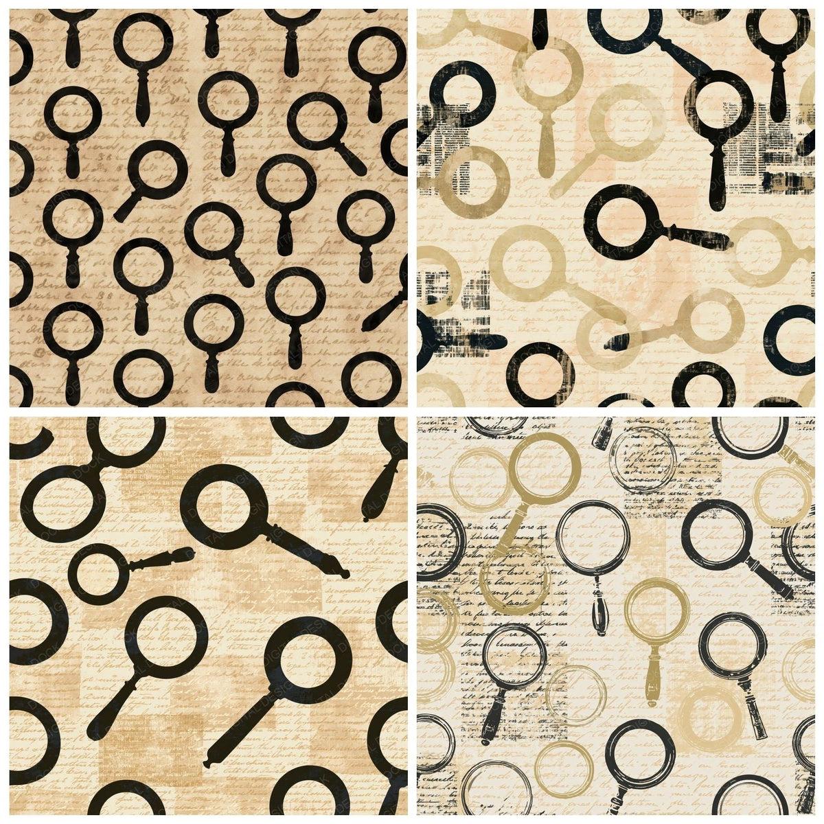 Magnifying Glass Parchment Brass Gold Ink Black Digital Paper Pack (DDD017834)
