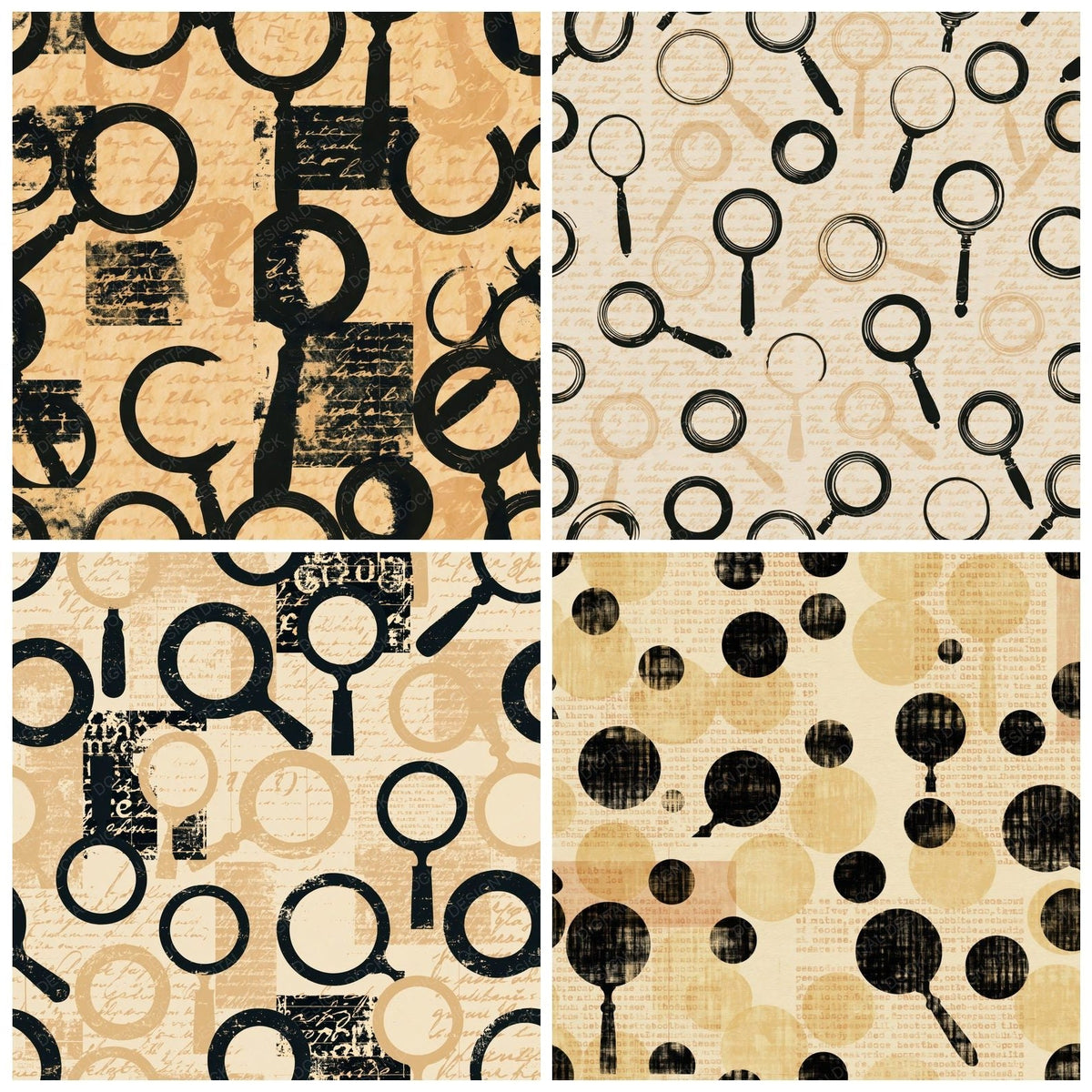 Magnifying Glass Parchment Brass Gold Ink Black Digital Paper Pack (DDD017834)