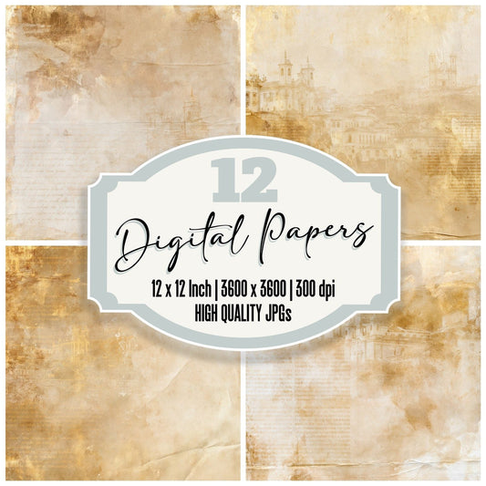 Ouro Preto Baroque Town Minas Ochre Gold Leaf Bone digital paper pack cover showing four of the 12 papers