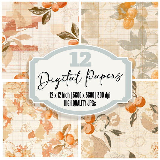 Pattern Studio Kumquat Ivory Kumquat Orange Citrus Leaf digital paper pack cover showing four of the 12 papers