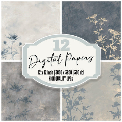 Sea Holly Flower Shingle Grey Spiny Blue Bone digital paper pack cover showing four of the 12 papers