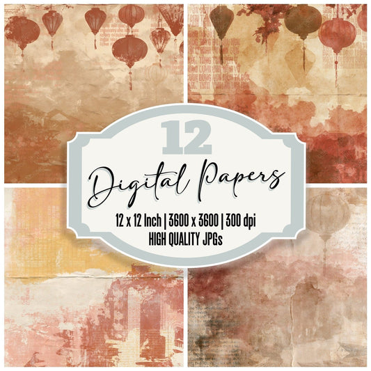 Hoi An Lantern Town River Mustard Dusty Crimson Bone digital paper pack cover showing four of the 12 papers