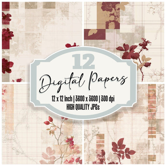 Pattern Studio Rosehip Cream Rosehip Red Hedgerow Leaf digital paper pack cover showing four of the 12 papers