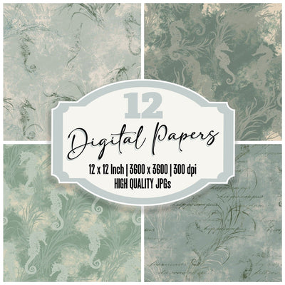 Short Snouted Seahorse Sea Creature Seagrass Green Pearl Bone digital paper pack cover showing four of the 12 papers