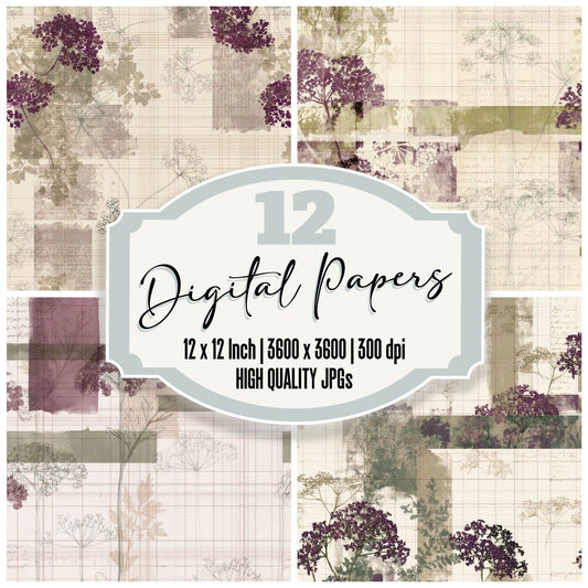Pattern Studio Elderberry Ivory Elderberry Purple Foliage Green digital paper pack cover showing four of the 12 papers