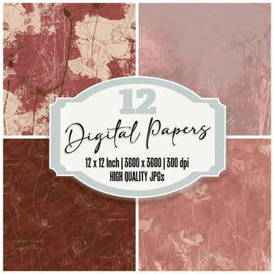 Field Poppy Flower Hayfield Remembrance Red Bone digital paper pack cover showing four of the 12 papers