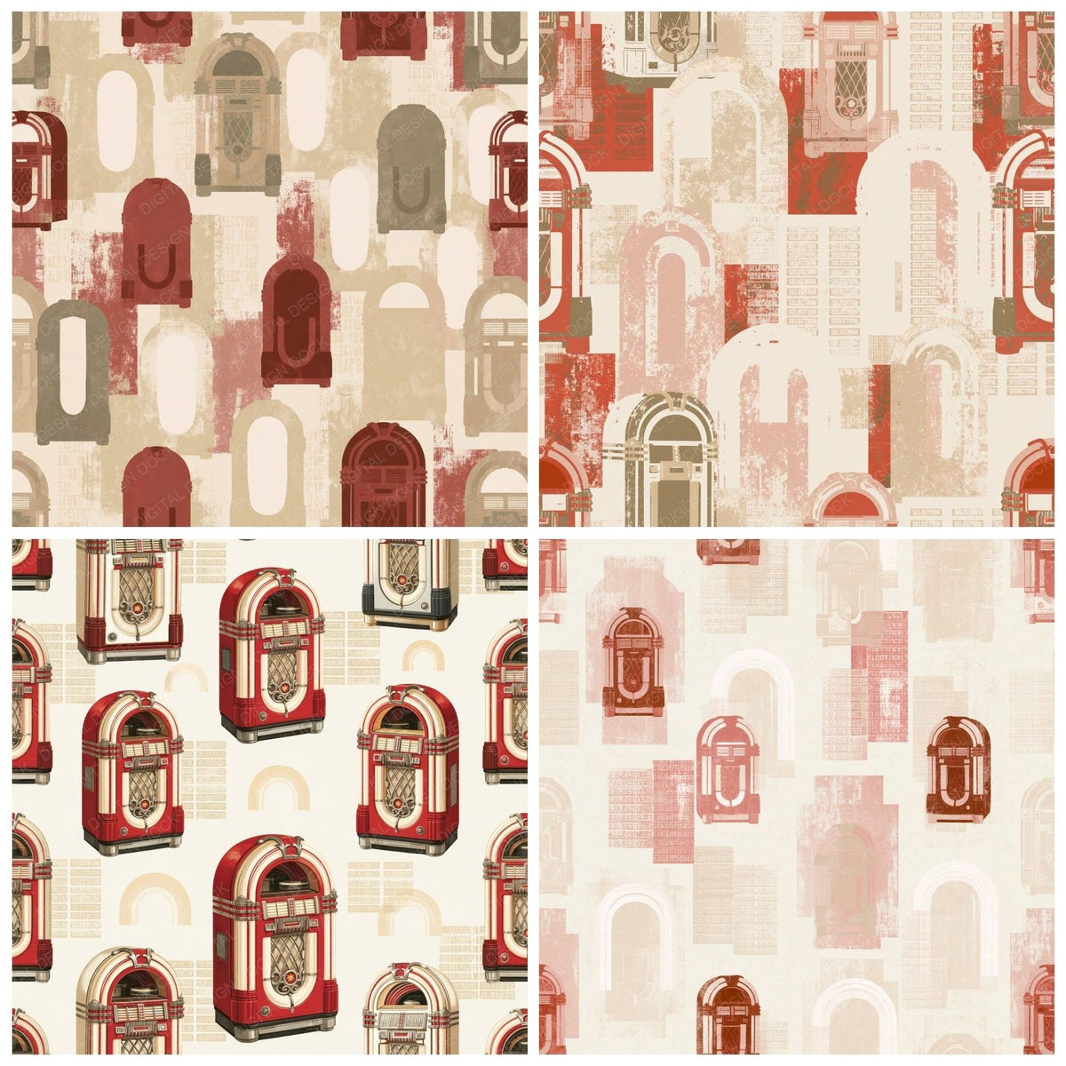 Vintage Jukebox Diner Cream Cherry Red Chrome Digital Paper Pack (DDD017942)
