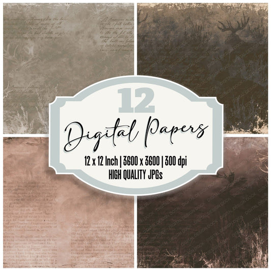 Jackalope Cryptid Prairie Dusk Antler Bronze Bone digital paper pack cover showing four of the 12 papers