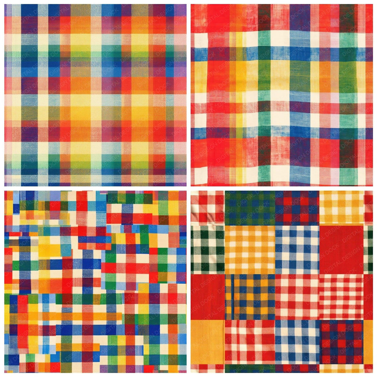 Rainbow Gingham Check Cream Tomato Yellow Cobalt Grass Seamless Digital Paper Pack (DDD017956)