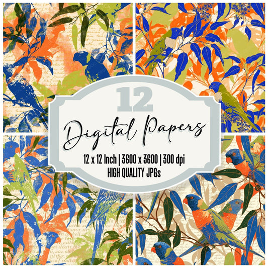Rainbow Lorikeet Bird Sunlit Cream Cobalt Citrus Sunset digital paper pack cover showing four of the 12 papers