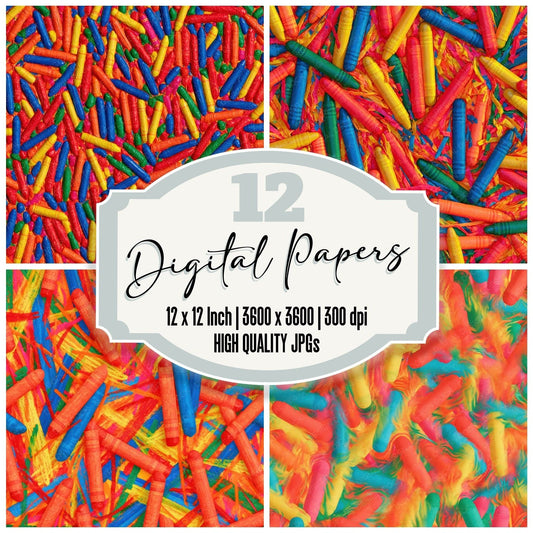 Rainbow Crayon Scatter Drawing Paper Tomato Cobalt Sunshine Emerald digital paper pack cover showing four of the 12 papers