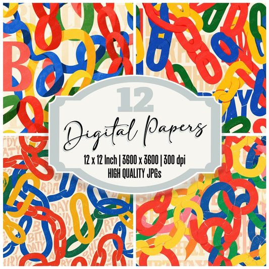 Rainbow Paper Chain Party Cream Cherry Sunshine Cobalt Grass digital paper pack cover showing four of the 12 papers
